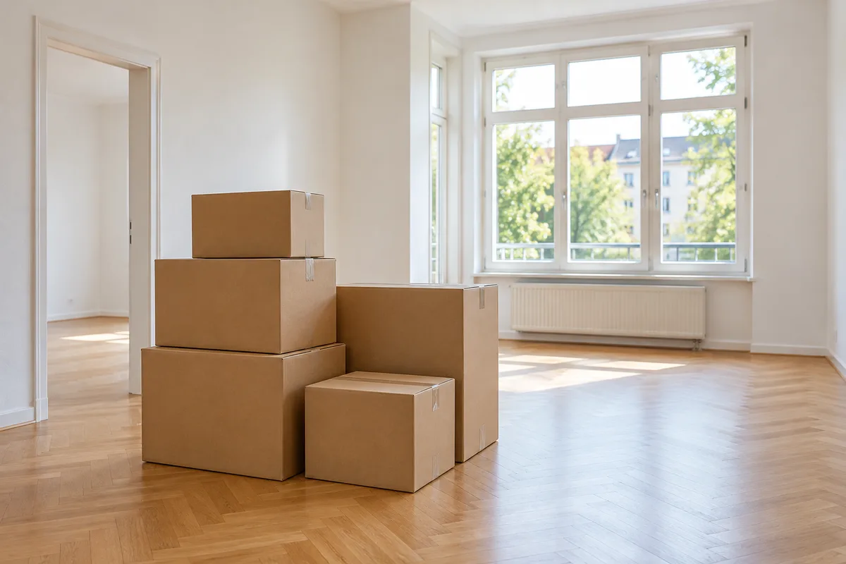 Cartons de déménagement empilés dans un logement vide