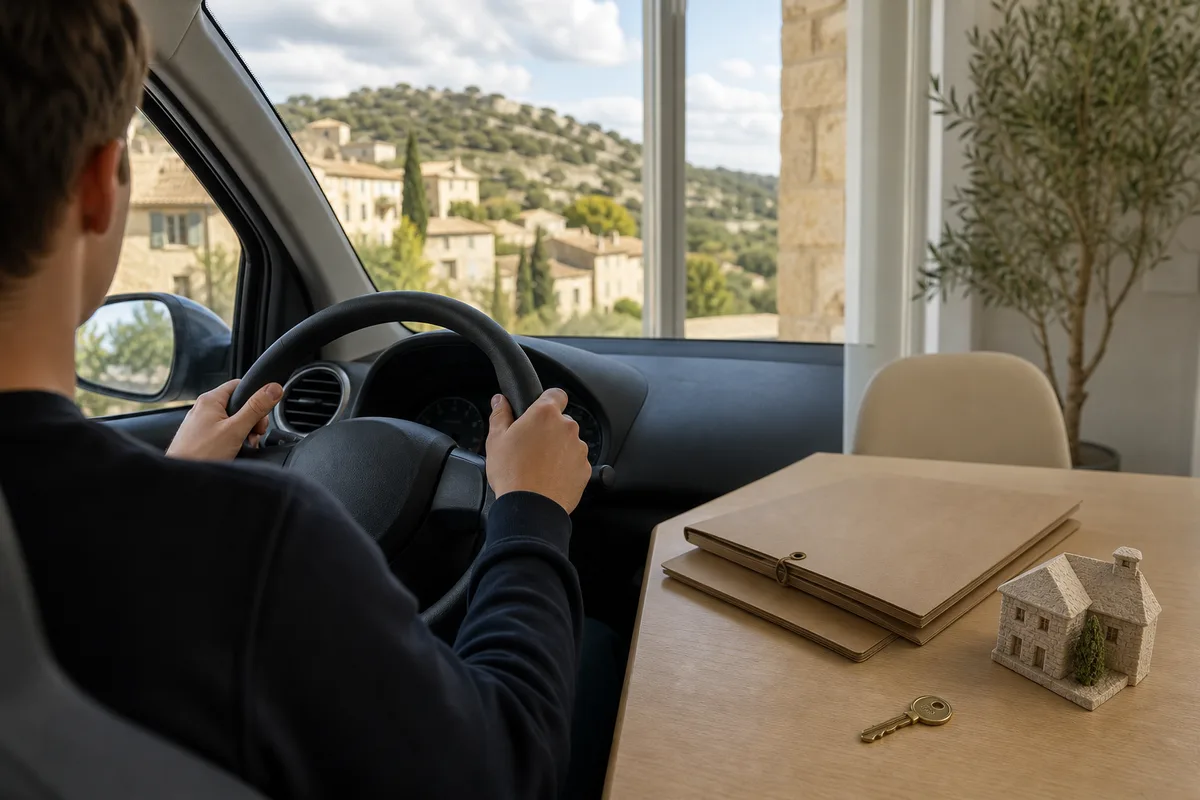 Jeune conducteur au volant d&rsquo;une petite citadine, mains sur le volant