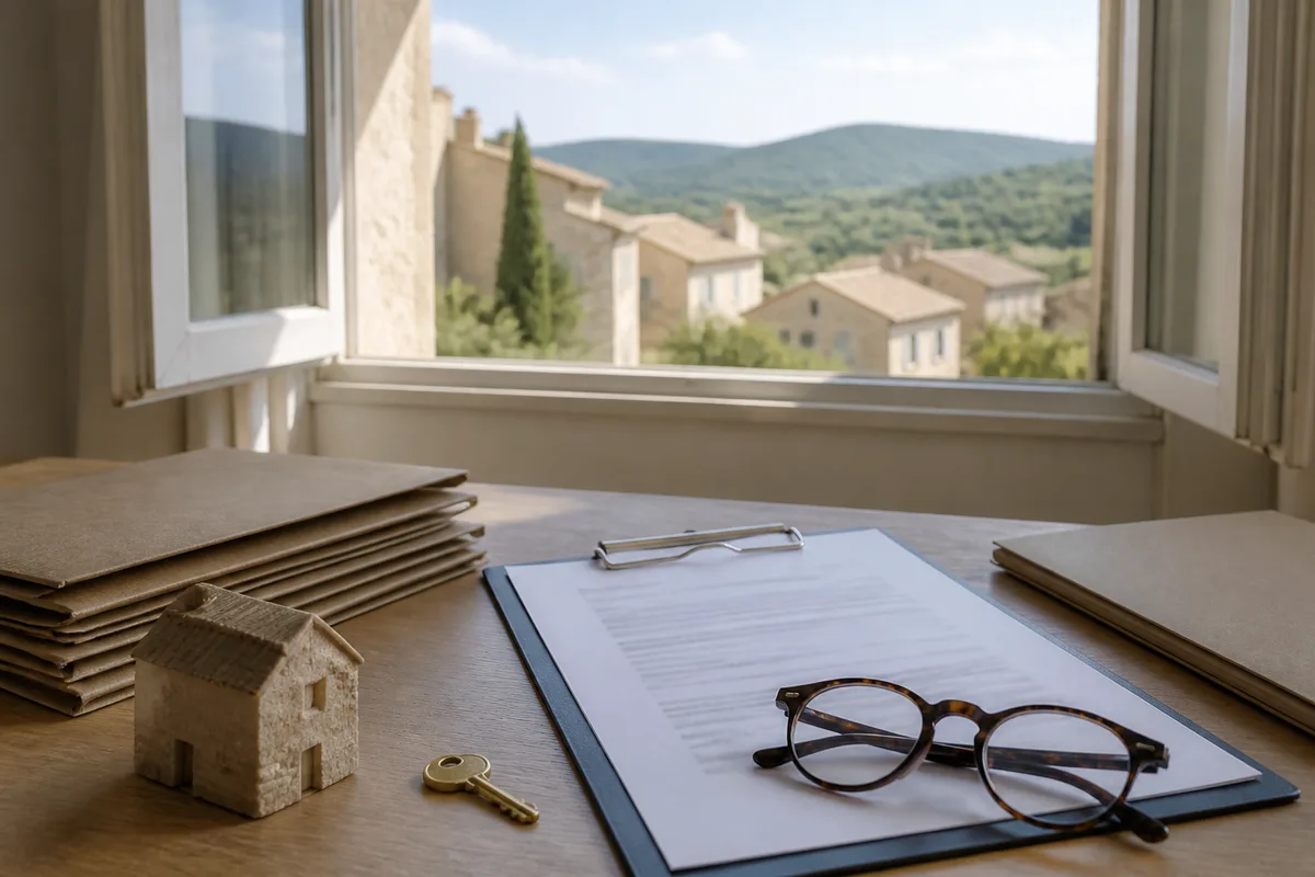 Table de travail avec un contrat d’assurance de prêt et une paire de lunettes
