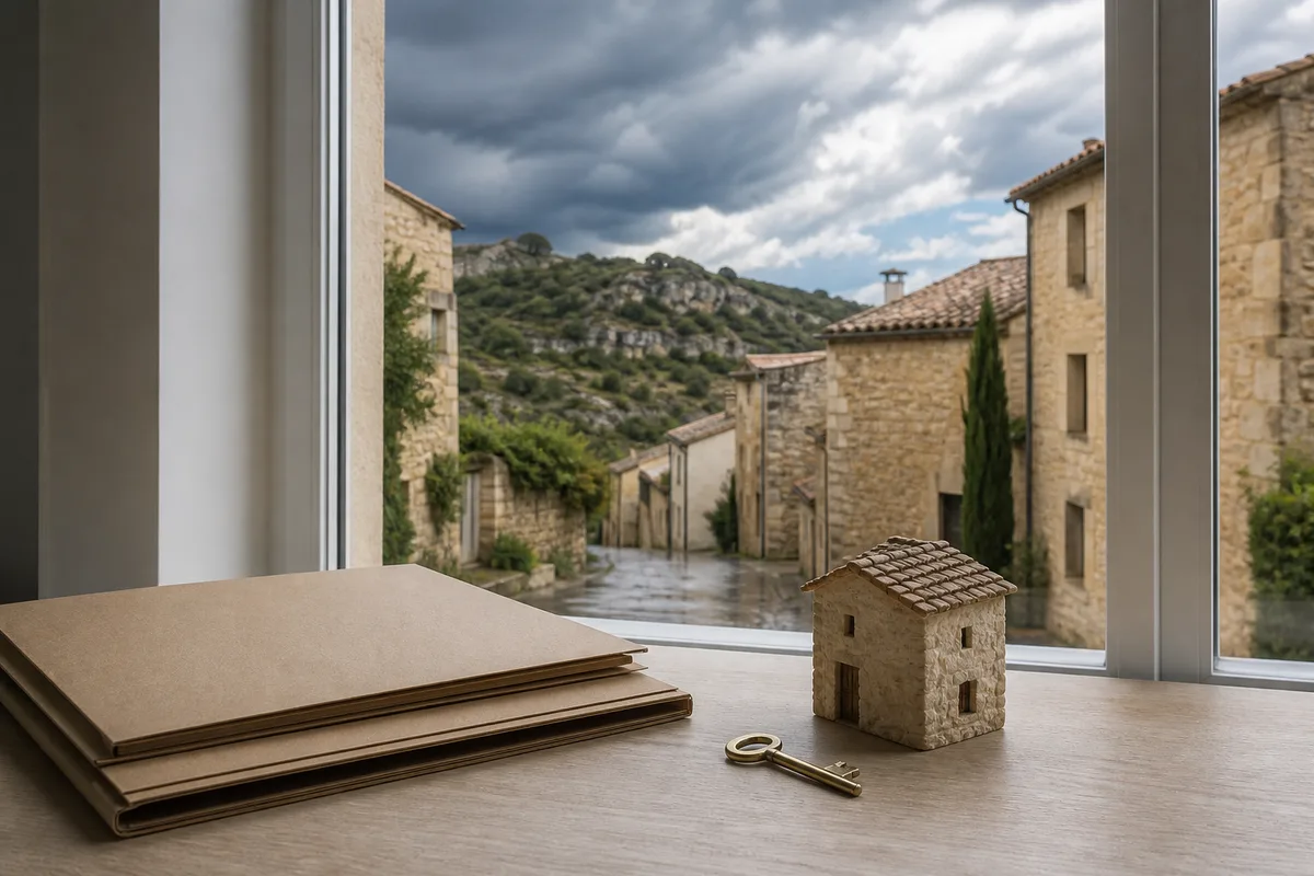 Ruelle d&rsquo;un village gardois après un fort orage, avec ciel chargé