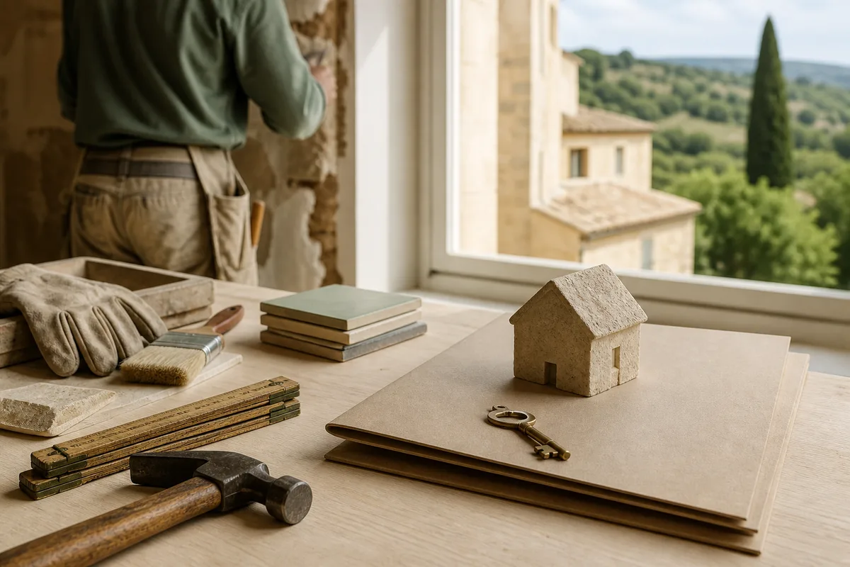 Artisan sur un chantier de rénovation, outils et matériaux au premier plan