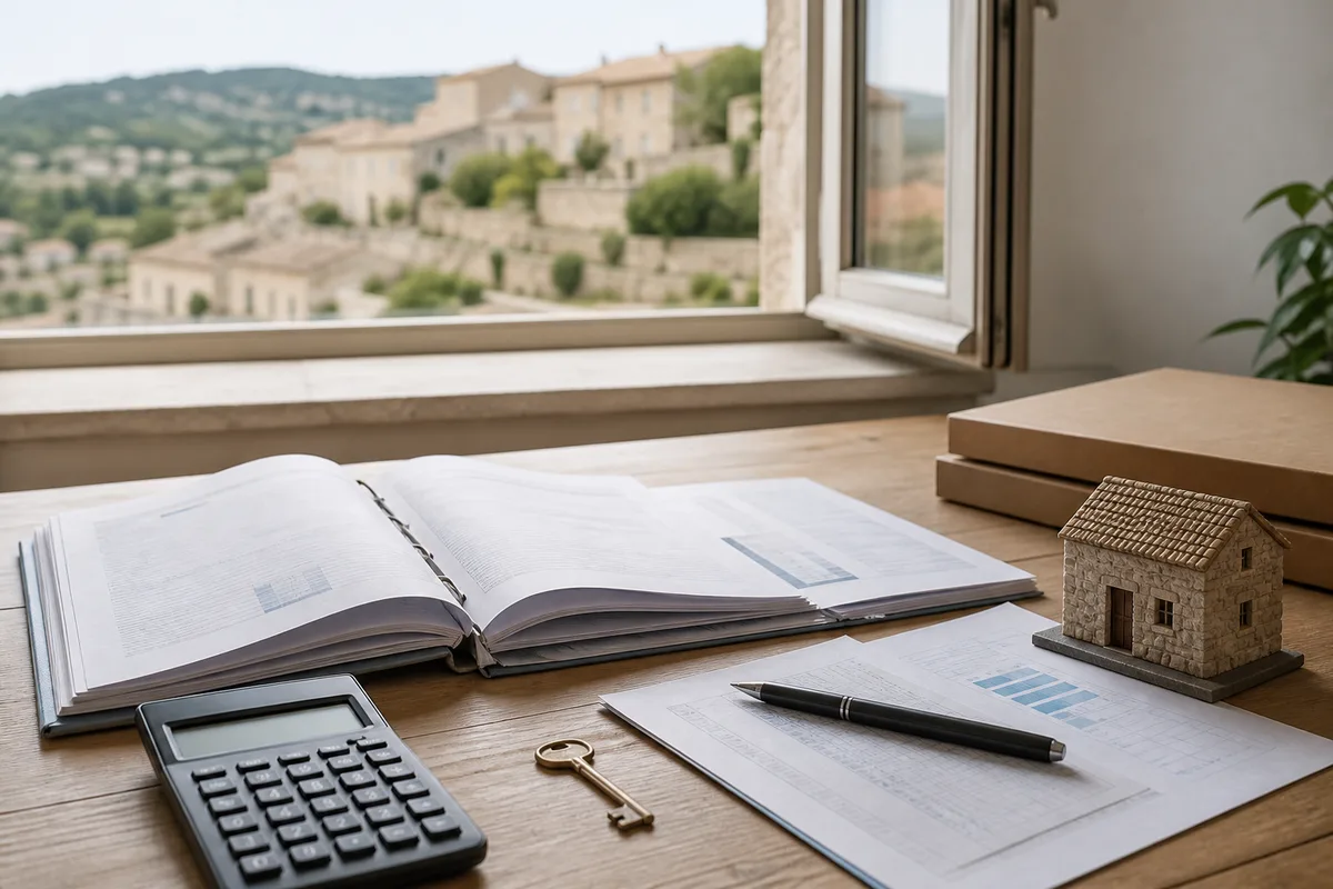 Dossier de prêt immobilier ouvert sur un bureau avec calculatrice et plan de financement