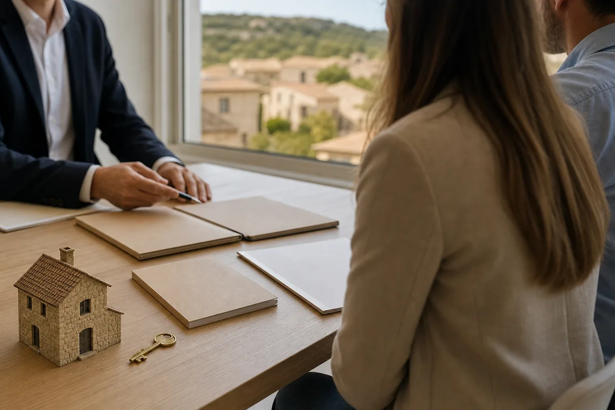 Couple recevant des explications sur un plan de financement immobilier