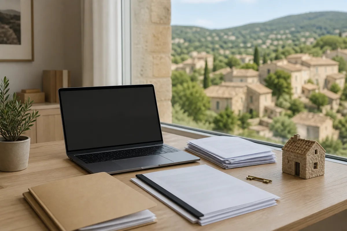 Table de travail avec relevés bancaires, contrats de prêt et ordinateur portable