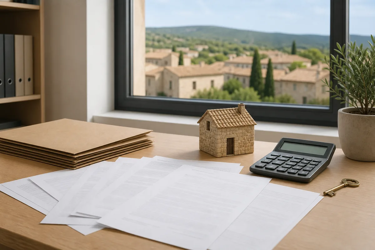 Bureau avec plusieurs contrats de crédit étalés et une calculatrice
