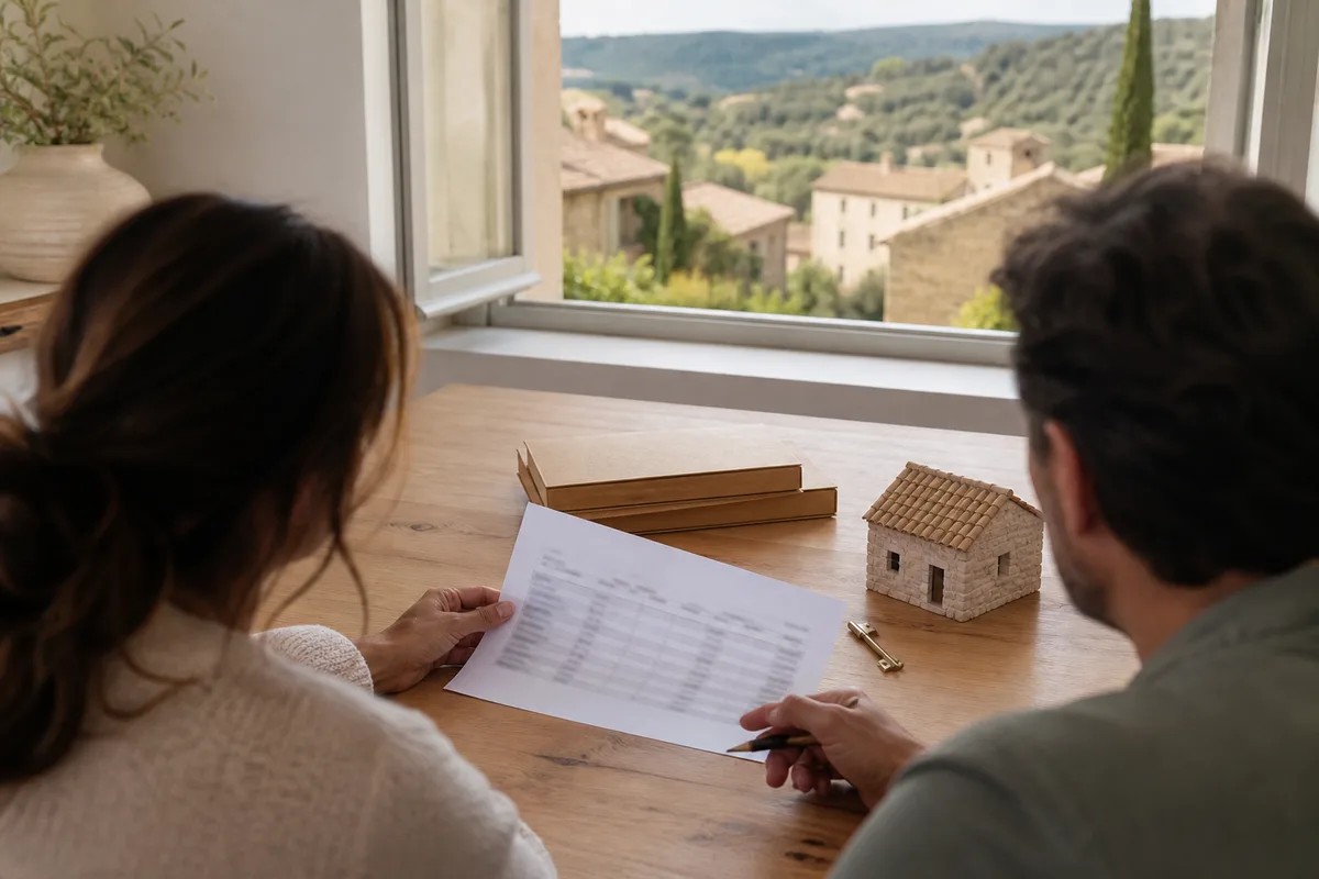 Couple examinant un tableau de mensualités sur une table de cuisine